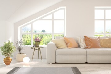 Naklejka premium White living room with sofa and summer landscape in window. Scandinavian interior design. 3D illustration