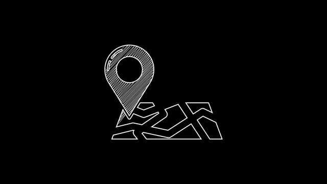 White line Folded map with location marker icon isolated on black background. 4K Video motion graphic animation