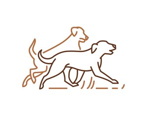 Running dog line icon, pets symbol, labrador golden retrievers playing together.