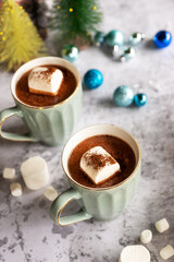 cup of hot chocolate with marshmallows, hot winter drinks..