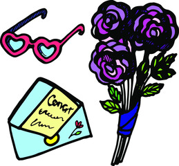 Vector hand drawn colored doodles birthday, vector bouquet, violet flowers, heart shape glasses, convert with gift card, invitation