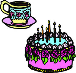 Vector hand drawn colored doodles birthday, cake with candles, vector teacup, birthday objects set