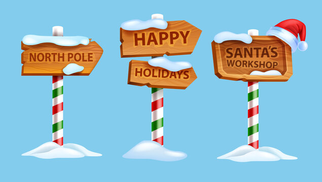 Christmas wooden sign board set, vector winter North Pole postal road pointer, Santa Claus workshop. X-mas holiday frame kit, direction arrow wooden panel banner, UI game objects. Christmas sign