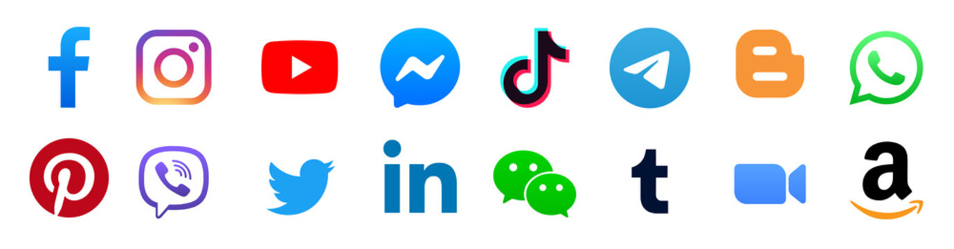 Set of popular social media signs, such as: Facebook, Instagram, Zoom, Youtube, Tiktok, WhatsApp, Twitter, and others. Vector illustration