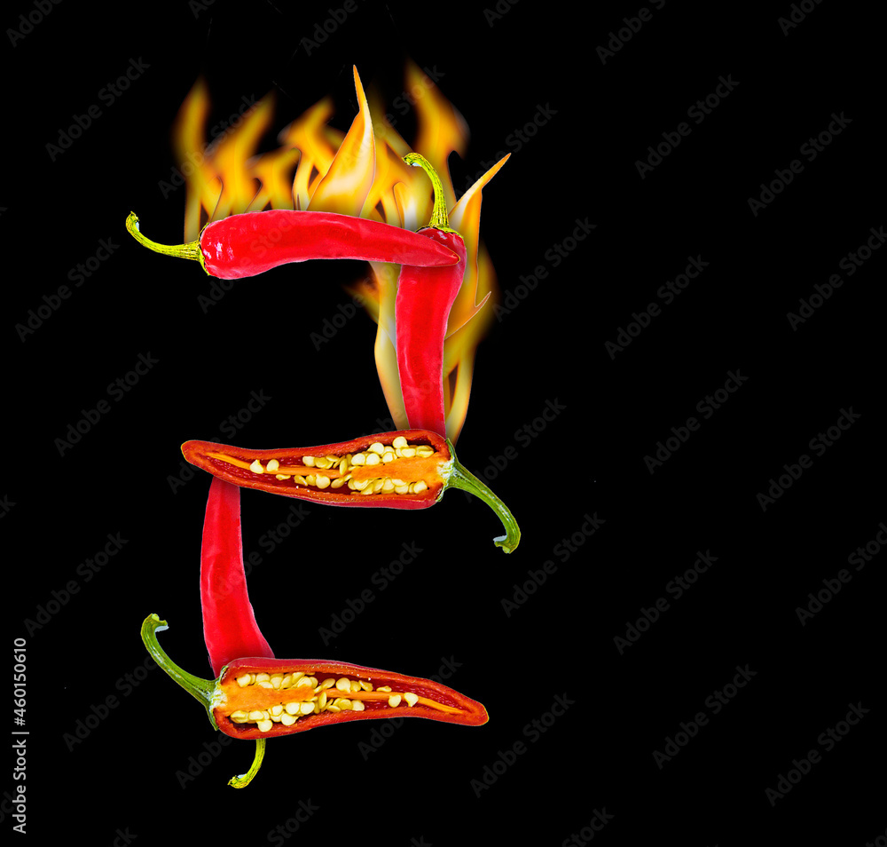 Wall mural Numbers 2 made of hot pepper and fire