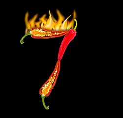 Numbers 7 made of hot pepper and fire