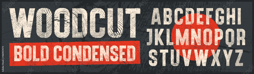 Fototapete rough woodcut letterpress texture bold condensed font. detailed individually textured characters wit
