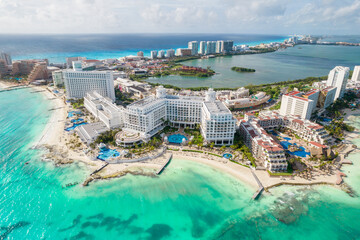 View of beautiful Hotels in the hotel zone of Cancun. Riviera Maya region in Quintana roo on...