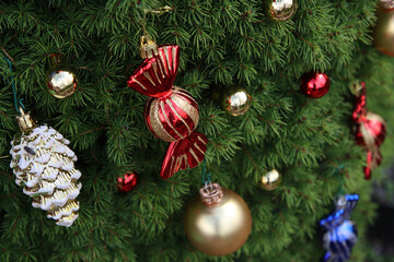 Fancy decorations on a green Christmas tree: small golden and red balls, candies, pine cones. Close up photo of decorated fir tree. 