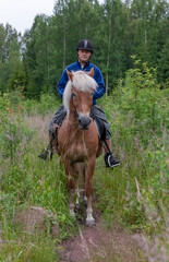 Man horseback riding in forest