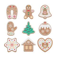 Collection of cute Christmas gingerbread cookies with color frostng - gingerbread man, house, horseshoe, snowflake, mitten, heart, ball, christmas tree, bell. Winter holiday food. Vector flat design