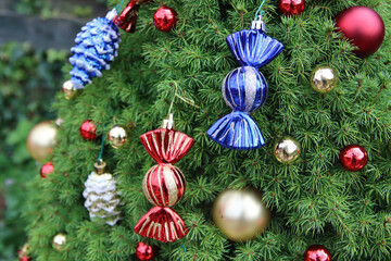 Fancy decorations on a green Christmas tree: small golden and red balls, candies, pine cones. Close up photo of decorated fir tree. 