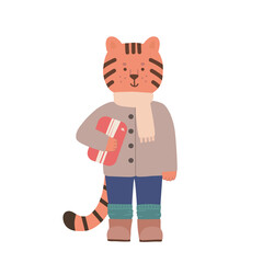 A cute little tiger cub in a coat stands and holds a gift. A character for a greeting card, New Years design, isolated, vector.