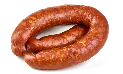 Traditioanal air dried sausage, isolated on white background.