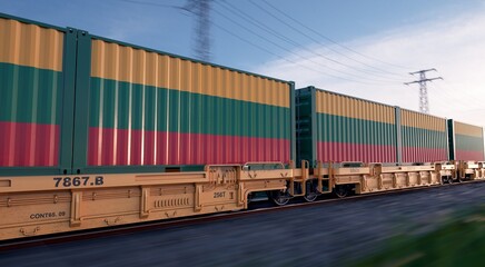 Fototapeta premium Lithuanian export. Running train loaded with containers with the flag of Lithuania. 