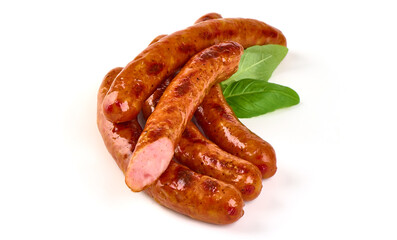 Roasted sausages, isolated on white background.