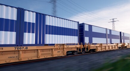 Fototapeta premium Finnish export. Running train loaded with containers with the flag of Finland. 