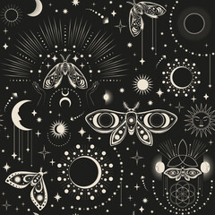 Seamless Pattern of Moth and Magical Signs