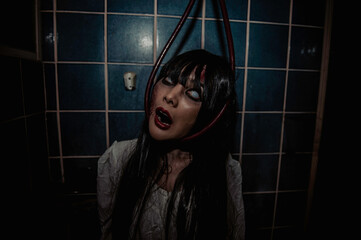 Portrait of asian woman make up ghost,Scary horror scene for background,Halloween festival...