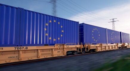 European export. Running train loaded with containers with the flag of China. 
