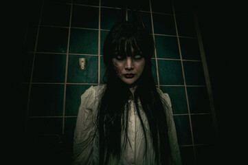 Portrait of asian woman make up ghost,Scary horror scene for background,Halloween festival...