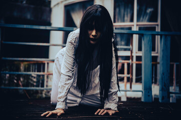 Portrait of asian woman make up ghost,Scary horror scene for background,Halloween festival...
