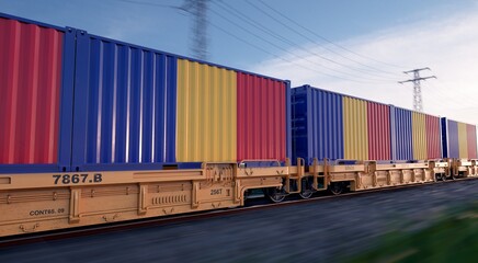 Fototapeta premium Romanian export. Running train loaded with containers with the flag of Romania. 