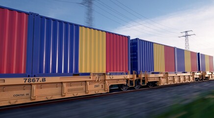 Romanian export. Running train loaded with containers with the flag of Romania. 