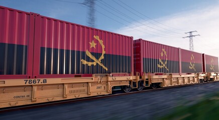 Angolan export. Running train loaded with containers with the flag of Angola. 