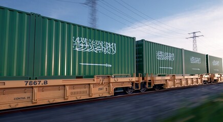 Saudi export. Running train loaded with containers with the flag of Saudi Arabia. 