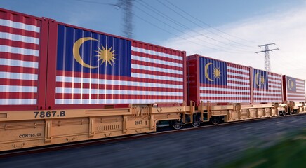 Obraz premium Malaysian export. Running train loaded with containers with the flag of Malaysia. 