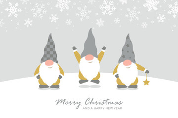 christmas greeting card with cute christmas dwarf and snowy landscape