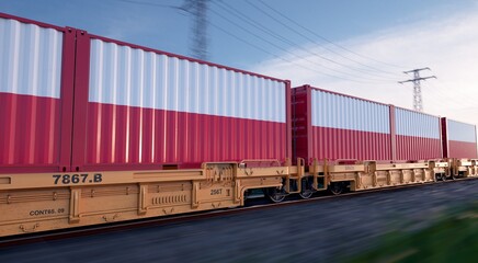 Polish export. Running train loaded with containers with the flag of Poland. 