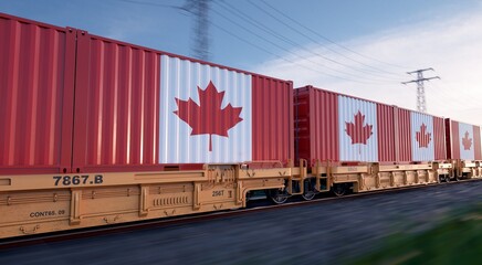 Canadian export. Running train loaded with containers with the flag of Canada. 
