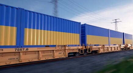 Ukrainian export. Running train loaded with containers with the flag of Ukraine. 