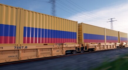 Colombian export. Running train loaded with containers with the flag of Colombia. 