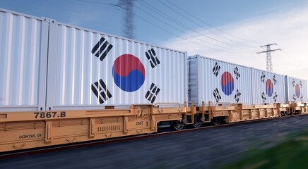 South Korean export. Running train loaded with containers with the flag of South Korea. 