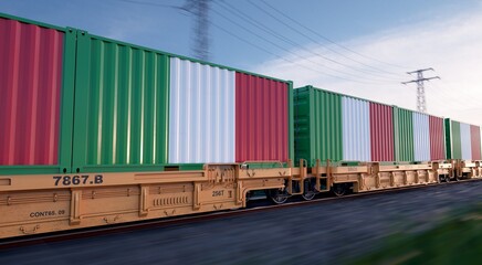 Italian export. Running train loaded with containers with the flag of Italy. 
