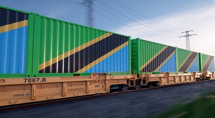 Tanzanian export. Running train loaded with containers with the flag of Tanzania. 