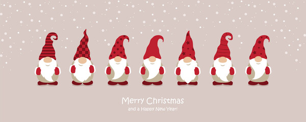 christmas greeting card with cute christmas dwarf and snowy landscape