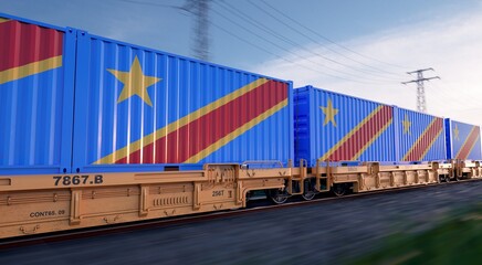 Congolese export. Running train loaded with containers with the flag of Congo. 