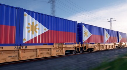 Philippine export. Running train loaded with containers with the flag of Philippines. 