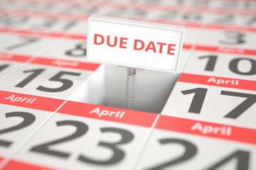 DUE DATE message on April 16 in a calendar, 3d rendering