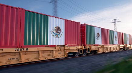 Mexican export. Running train loaded with containers with the flag of Mexico. 
