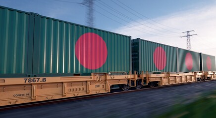 Bangladeshi export. Running train loaded with containers with the flag of Bangladesh. 