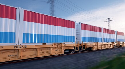 Luxembourgish export. Running train loaded with containers with the flag of Luxembourg. 