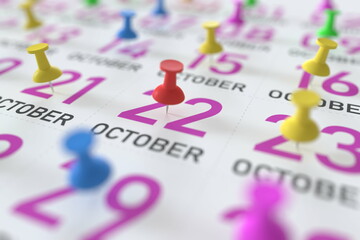 October 22 date marked with red pushpin on a calendar, 3D rendering