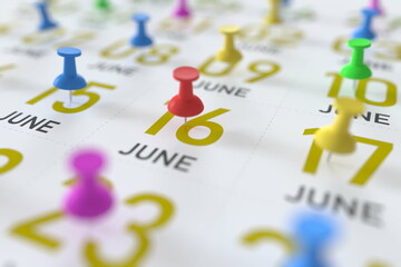 June 16 date and push pin on a calendar, 3D rendering