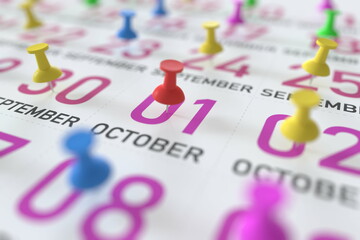 October 1 date and push pin on a calendar, 3D rendering
