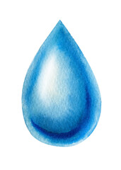 Blue water drop on isolated white background, watercolor illustration
